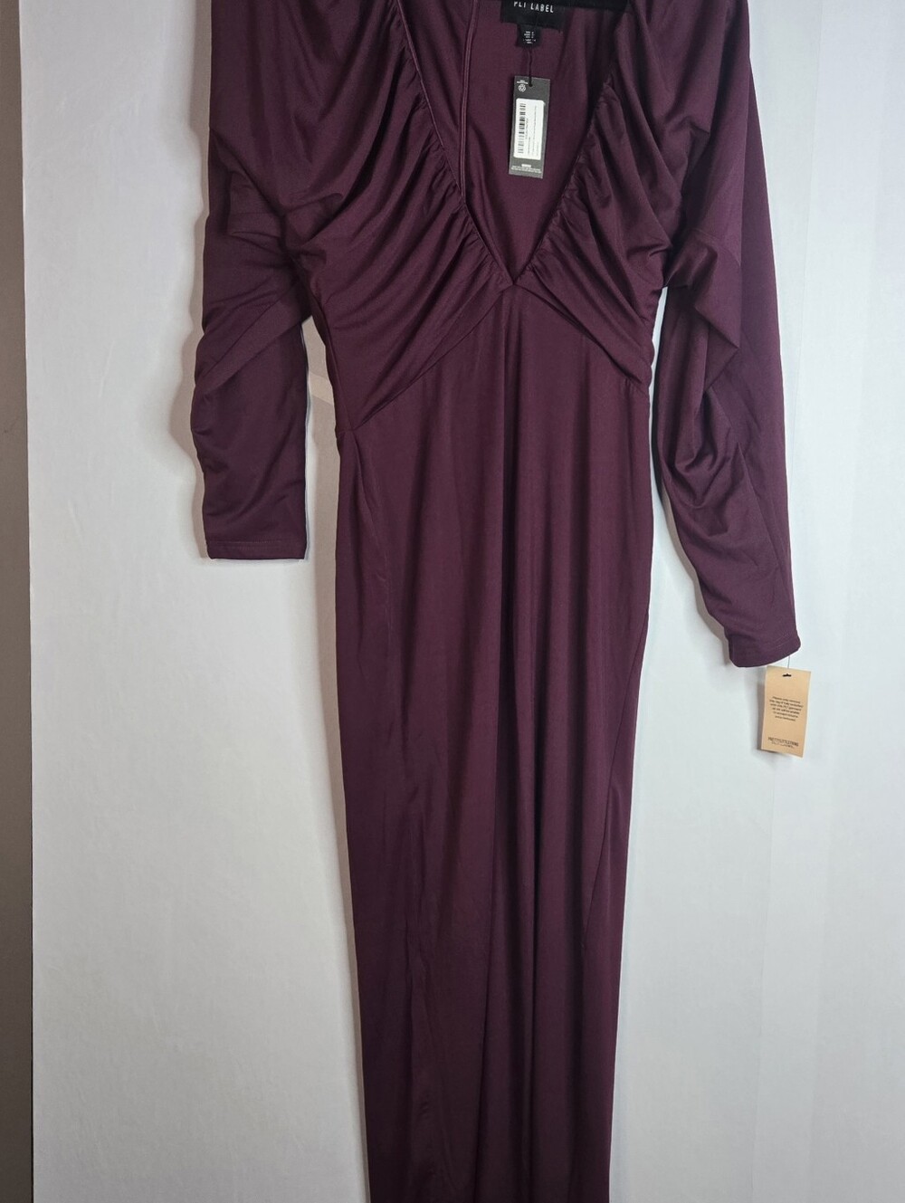PLT Label Women Size 2 Mulberry Slinky Ruched plunged Batwing Maxi dress NWT
